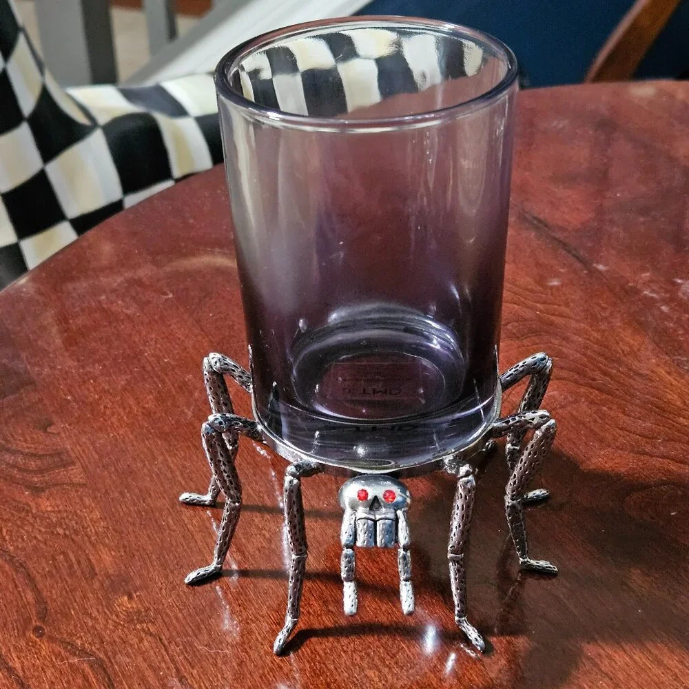 RARE HALLOWEEN METAL SCARY SPIDER RED EYES WATER BAR GLASS GOBLET CANDLE HOLDER